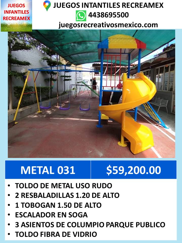 modulo de metal con resbaladilla, tobogan, escalera en soga, columpios